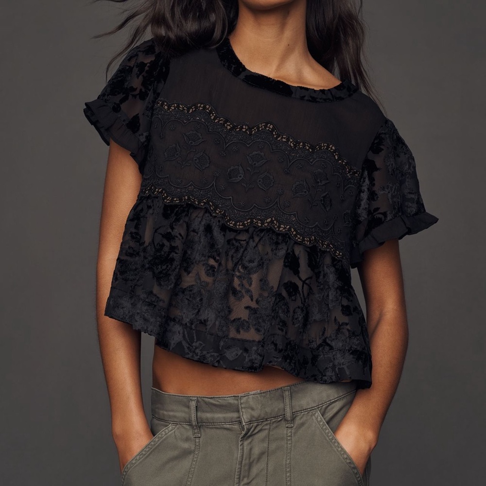 By Anthropologie Black Swing Lace Women Top